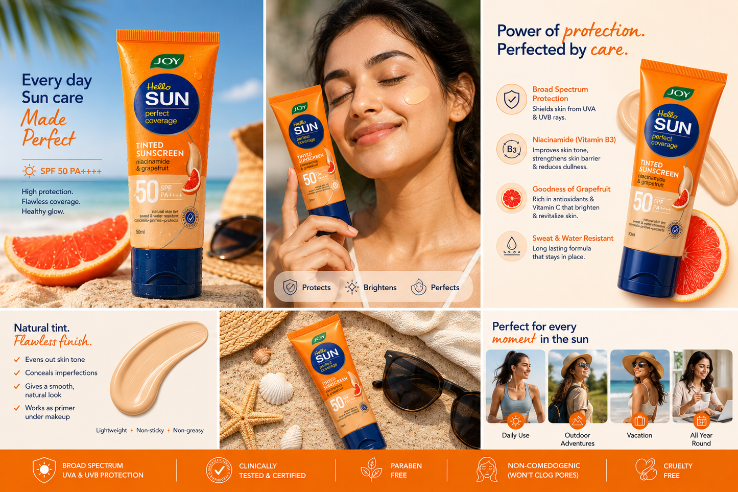 Joy Hello Sun Perfect Coverage Tinted Sunscreen SPF 50 PA++++ with Niacinamide & Grapefruit | Broad Spectrum UVA UVB Protection | Natural Skin Tint | Sweat & Water Resistant | Lightweight Non-Greasy Formula | 50 ml