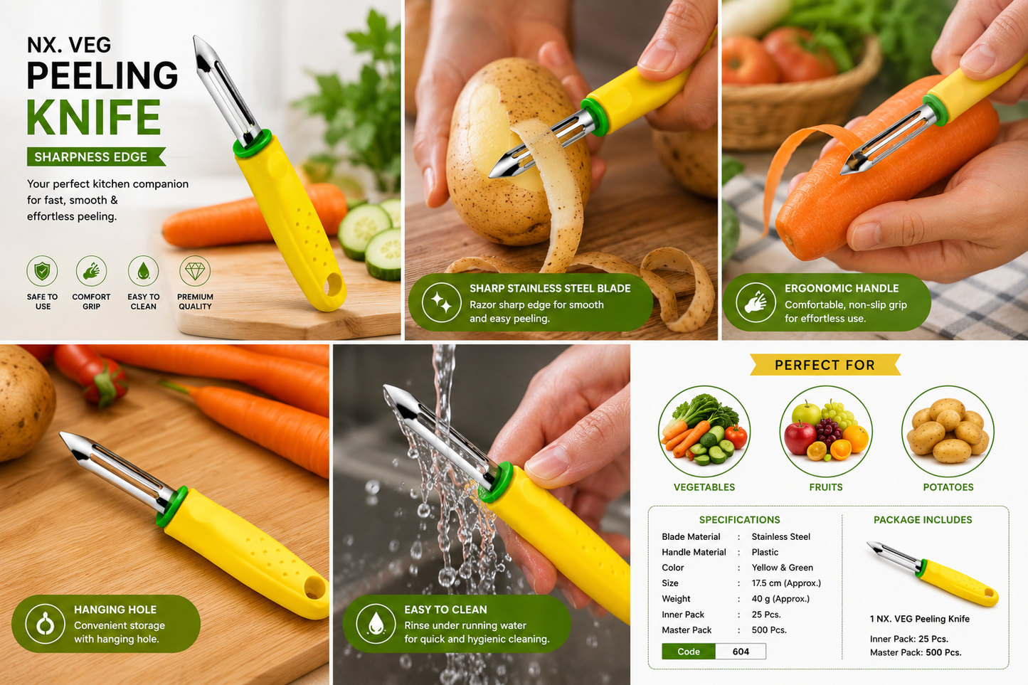 Royal NX Vegetable Peeler, Stainless Steel Fruit & Vegetable Peeling Knife, Sharp Blade Kitchen Peeler with Ergonomic Handle, Rust Resistant Potato, Carrot, Apple & Cucumber Peeler, Yellow & Green