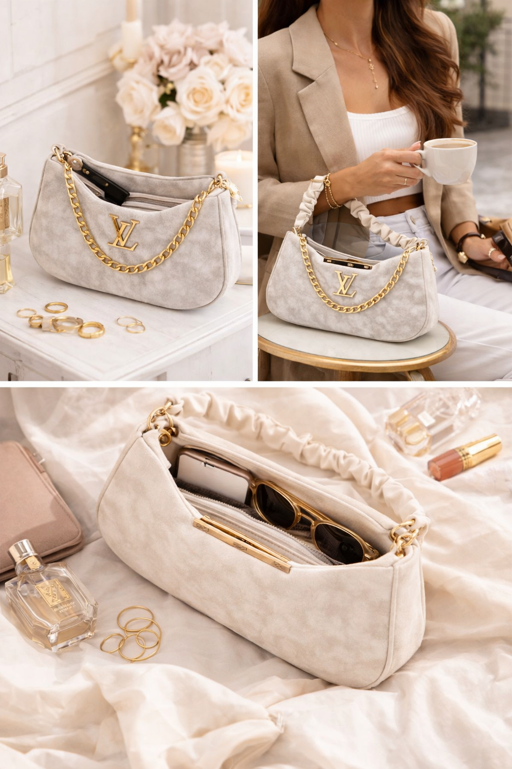 Women’s Faux Suede Shoulder Bag with Gold Chain Strap | Soft Designer-Style Handbag with Inner Zip Pocket | Elegant Party, Casual & Evening Purse