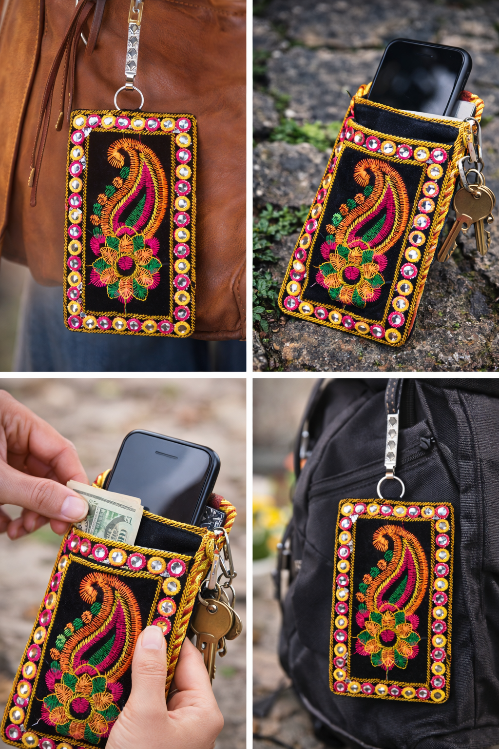 Handmade Embroidered Velvet Phone and Card Holder for Women, Rhinestone Mobile Pouch with Keychain Strap, Small Pocket Wallet and Card Case, Black Multicolor