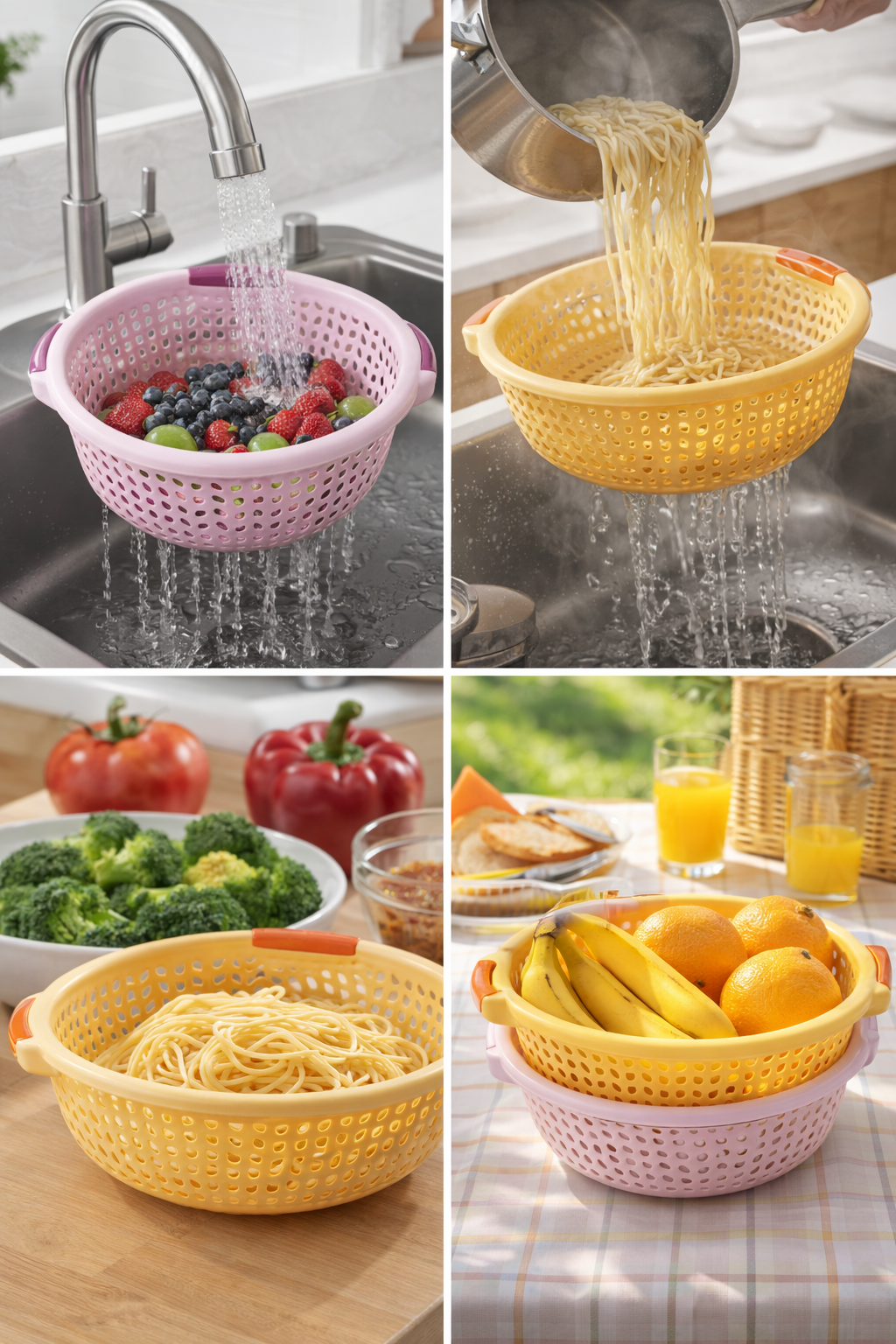 Plastic Colander Set (2-Pack) ā Food-Grade BPA-Free Strainer Bowls with Handles, Fast Draining Perforated Design, Lightweight & Durable, Kitchen Fruit & Vegetable Washing Basket