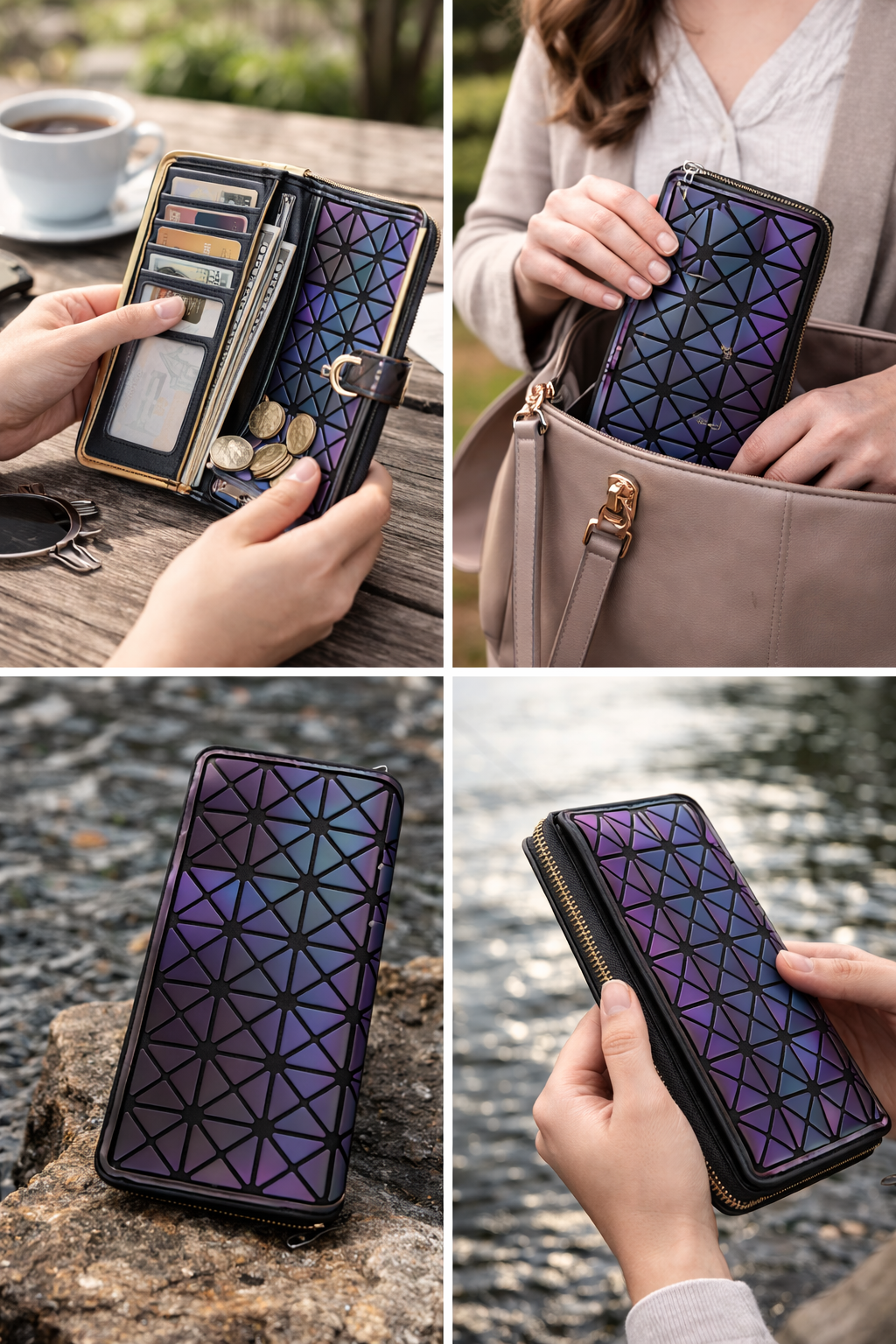Women's Iridescent Zip Around Wallet with Multiple Card Slots, Coin Pocket, Bill Section, ID Window and Secure Zipper Closure, Purple Geometric Design
