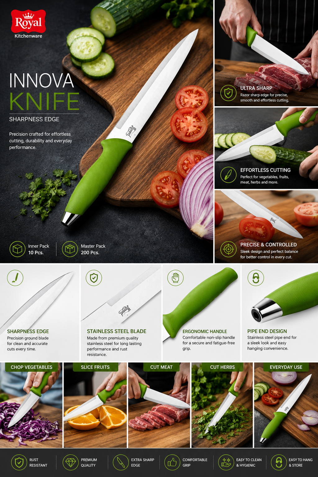 Royal S.S. Pipe Handle Kitchen Knife | Stainless StRoyal Innova Kitchen Knife & Cleaver Combo | Stainless Steel Sharp Blade Knife Set with Soft Grip Handle | Multipurpose | Sharp Mirror Finish Blade with Ergonomic Pipe Handle