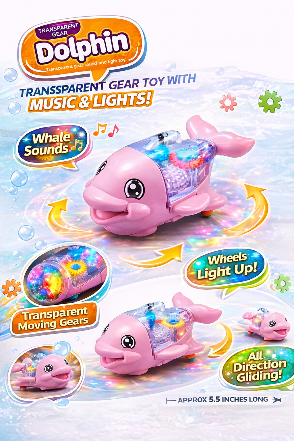 Transparent Gear Dolphin Toy with Music and Lights, Whale Sound Toy for Kids, Moving Gears, Light-Up Wheels, All Direction Gliding, Battery Operated, 5.5 Inch Toy
