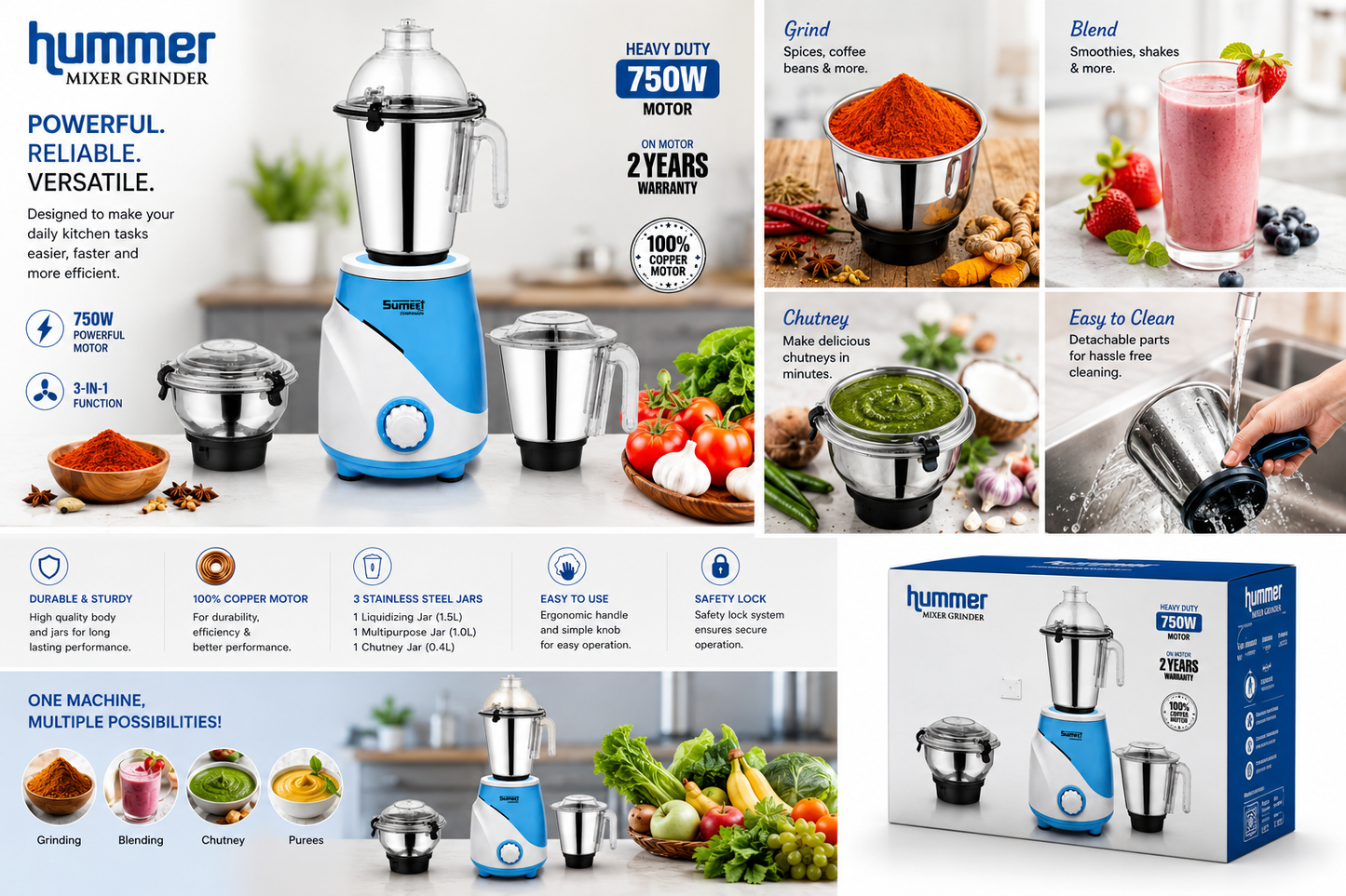 Hummer Mixer Grinder 750 Watts | 3 Stainless Steel Jars | 100% Copper Motor | Heavy Duty Kitchen Mixer Grinder | Grind, Blend & Chutney Maker | 2 Years Motor Warranty