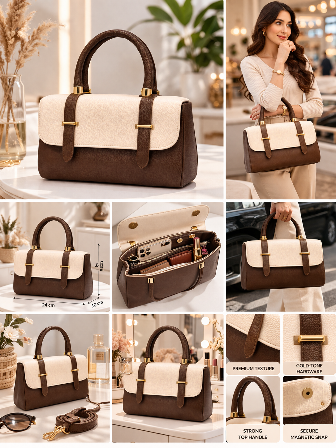 Two-Tone Faux Leather Handbag for Women | Stylish Structured Top Handle Purse with Gold Hardware