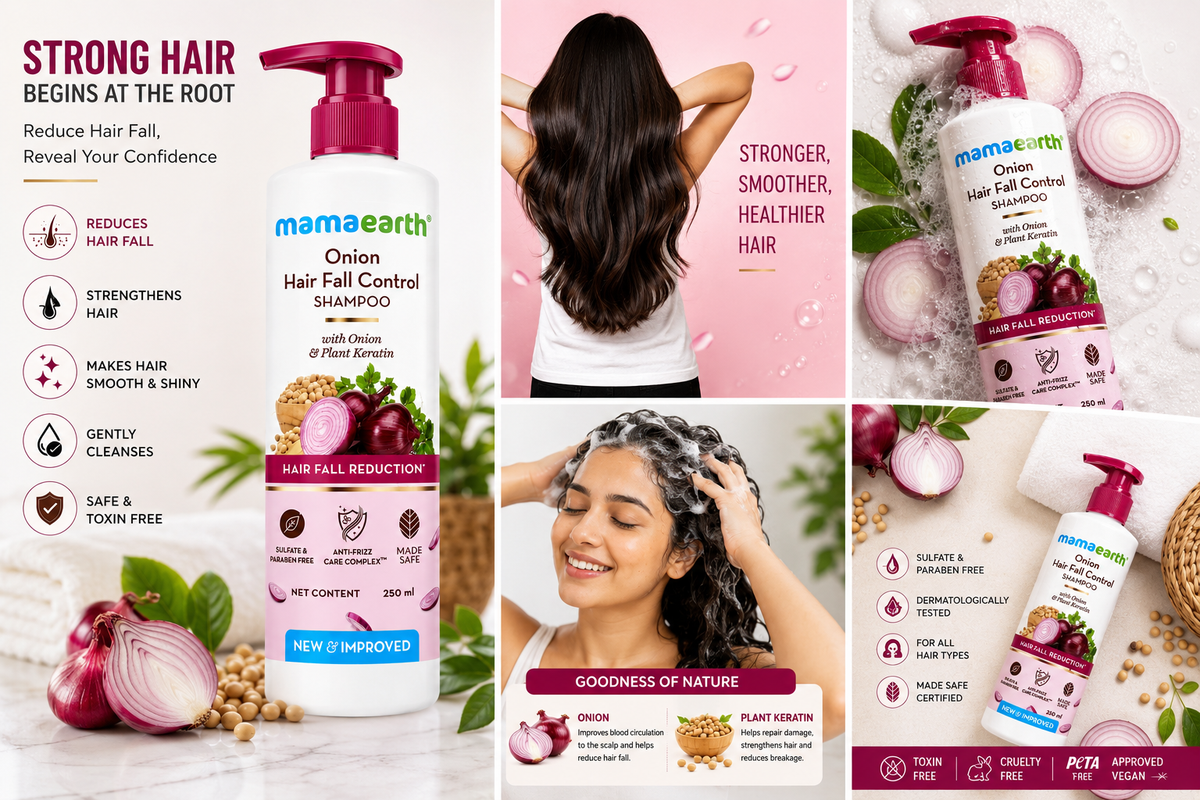 Mamaearth Onion Hair Fall Control Shampoo with Onion & Plant Keratin, Strengthens Hair & Helps Reduce Hair Fall, Sulfate & Paraben Free, For All Hair Types, 250 ml