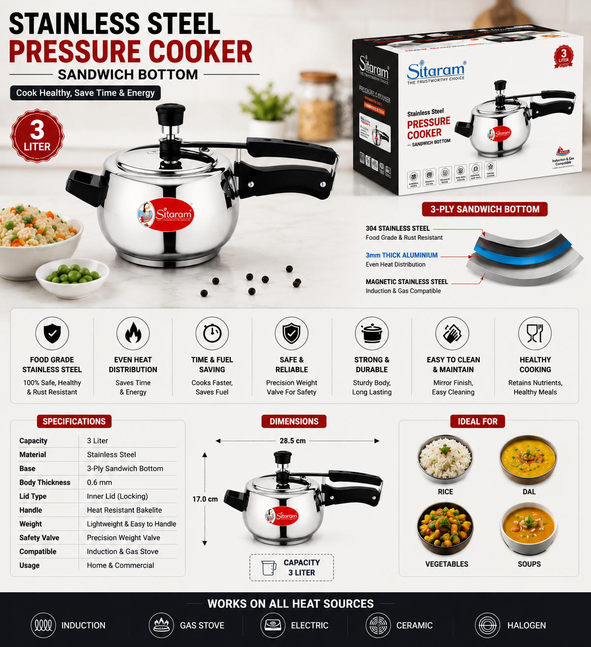 Sitaram Stainless Steel Pressure Cooker 3 Litre | Inner Lid Pressure Cooker | 3 Ply Sandwich Bottom | Induction & Gas Compatible | Food Grade Stainless Steel Cooker
