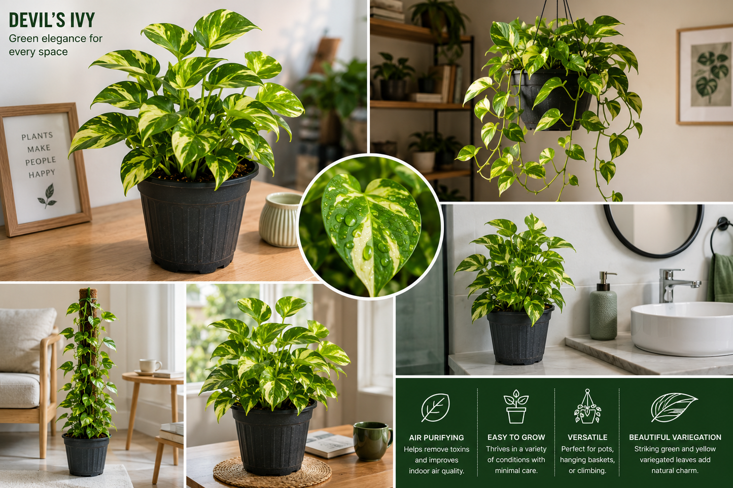 Devil's Ivy Live Plant (Epipremnum aureum) | Money Plant Indoor Air Purifying Plant | Easy Care Pothos Plant for Home, Office & Balcony | Healthy Live Houseplant in Nursery Pot