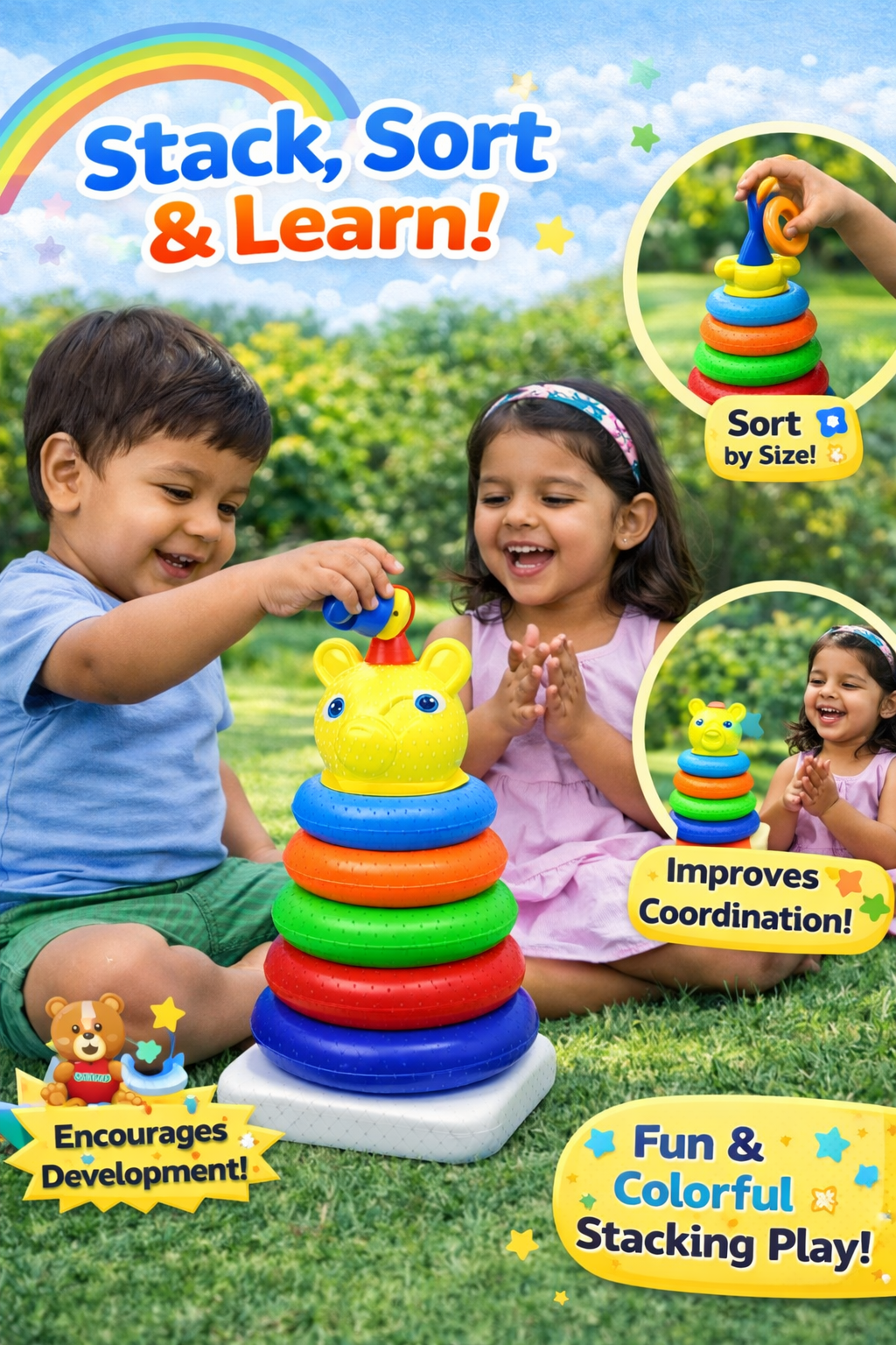 Teddy Ring Stacking Toy for Babies 12+ Months, Colorful Textured Stacking Rings with Bear Topper,