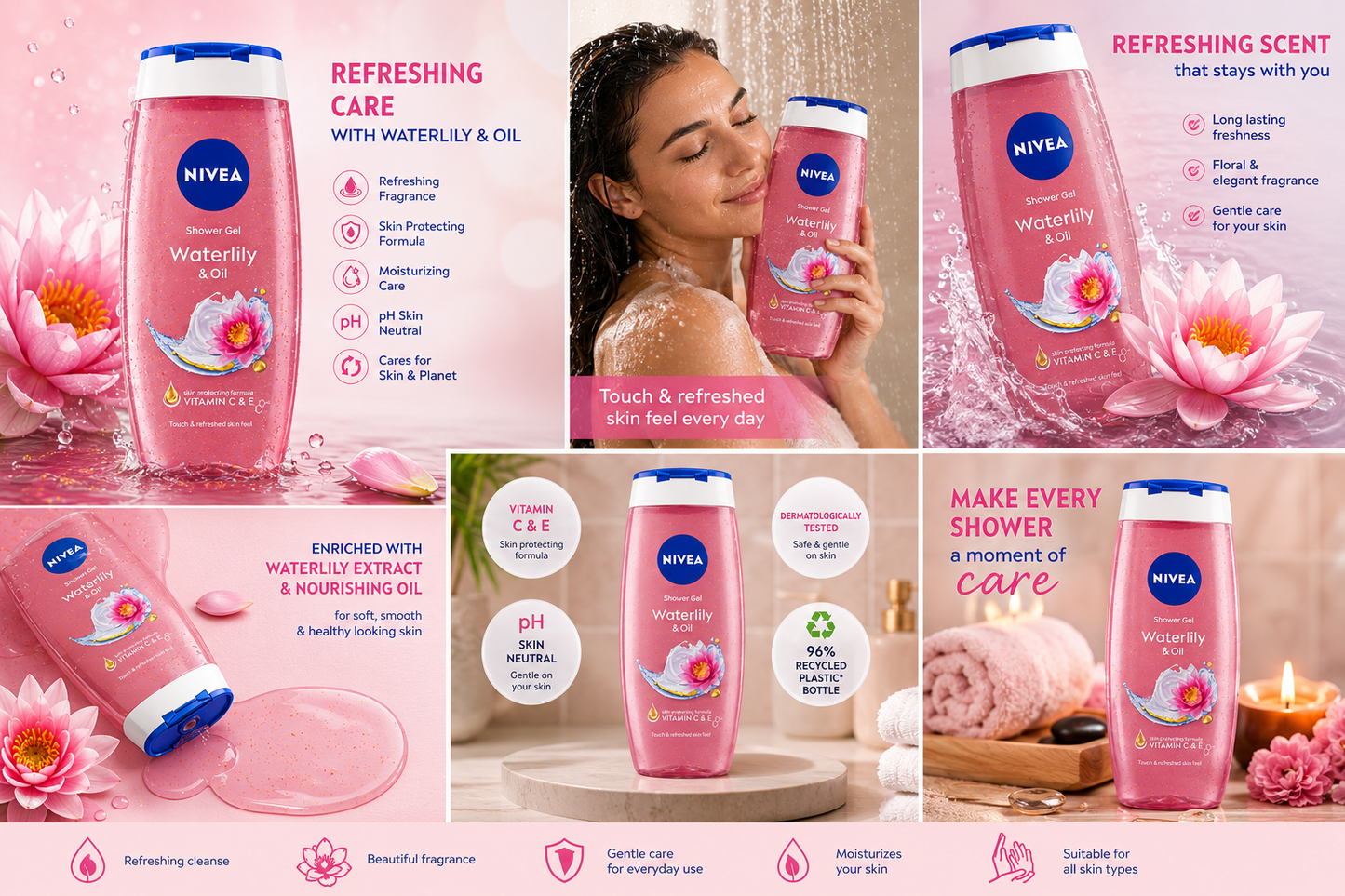NIVEA Waterlily & Oil Shower Gel 250ml | Vitamin C & E Body Wash | Refreshing Fragrance | pH Skin Neutral | Moisturizing Shower Gel for All Skin Types