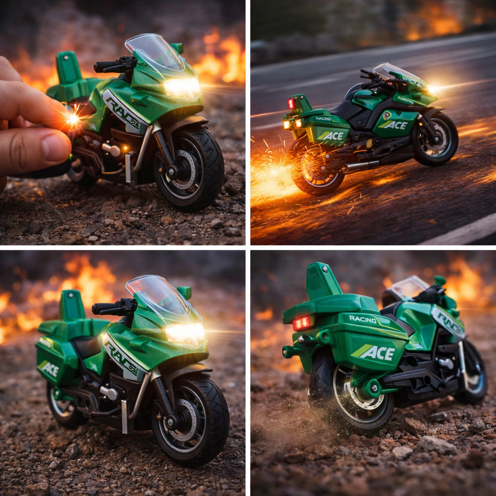 Green Die-Cast Touring Motorcycle Toy for Kids, Pull Back Bike with Light, Engine Sound and Rear Suspension, Racing Bike Toy for Ages 3+