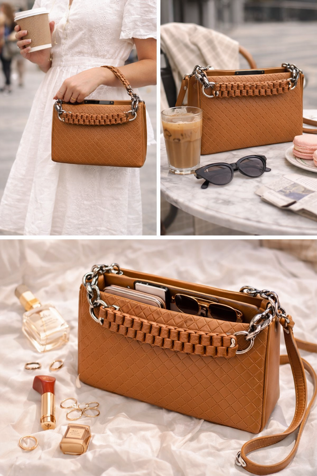 Quilted Faux Leather Handbag for Women | Stylish Woven Chain Handle Purse |