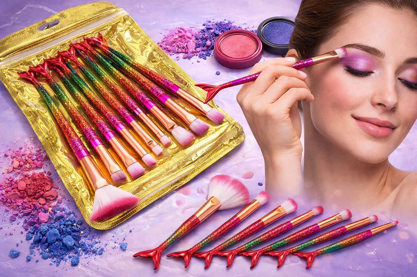 10 Pcs Mermaid Makeup Brush Set with Pouch – Professional Cosmetic Brushes Kit for Foundation, Blush, Eyeshadow & Powder – Soft Synthetic Bristles Beauty Tools for Women & Girls
