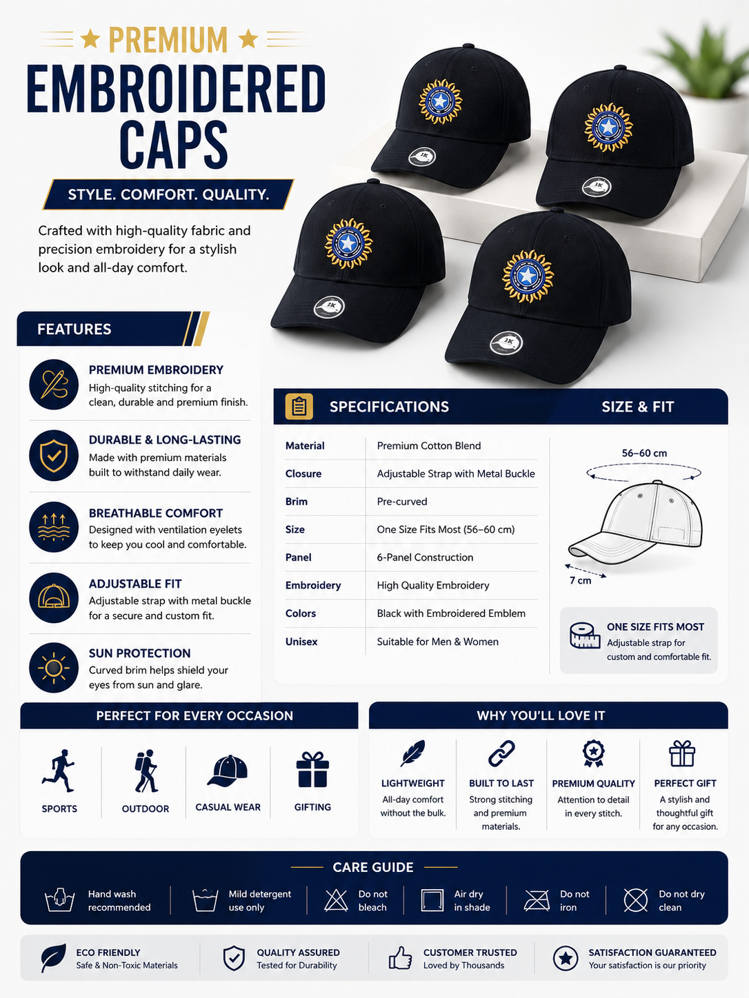 Premium Embroidered Baseball Cap for Men & Women | Adjustable Cotton Sports Cap 1 PEACE
