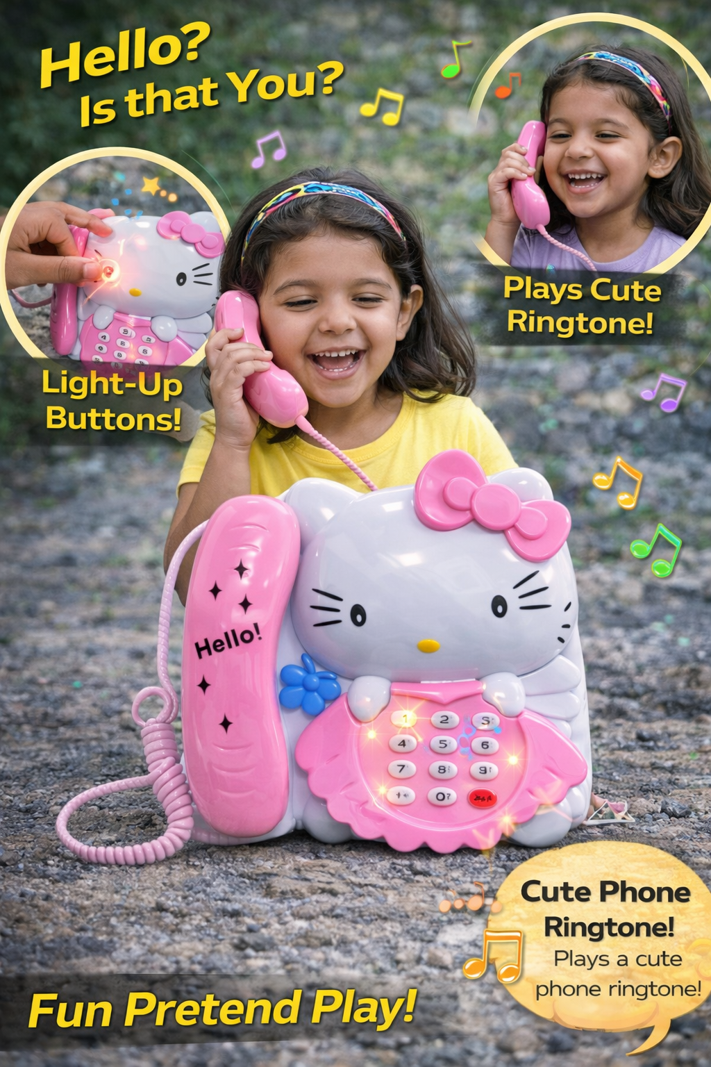 Hello Kitty Toy Phone for Kids, Musical Pretend Play Telephone with Light-Up Buttons, Soft Sounds & Cute Ringtones, Battery Operated Toy Phone for Girls & Boys (3+ Years)