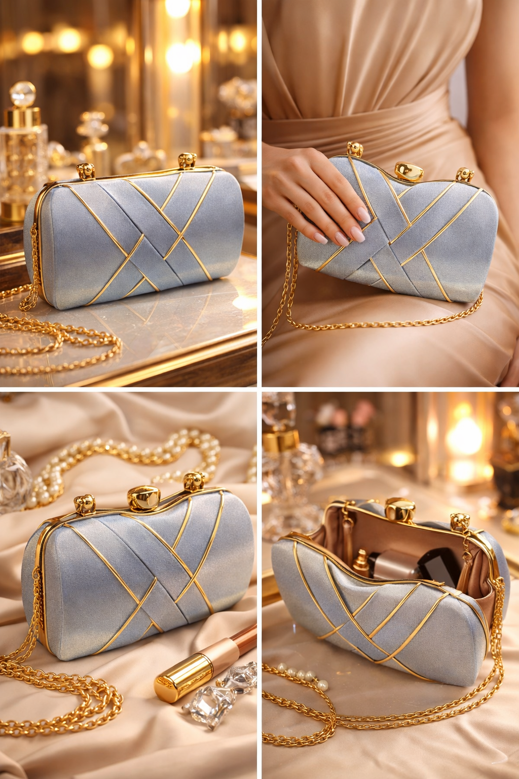 Cylindrical Evening Clutch for Women | Ombre Shimmer Party Handbag with Gold-Tone Chain, Sphere Clasp & Satin Interior