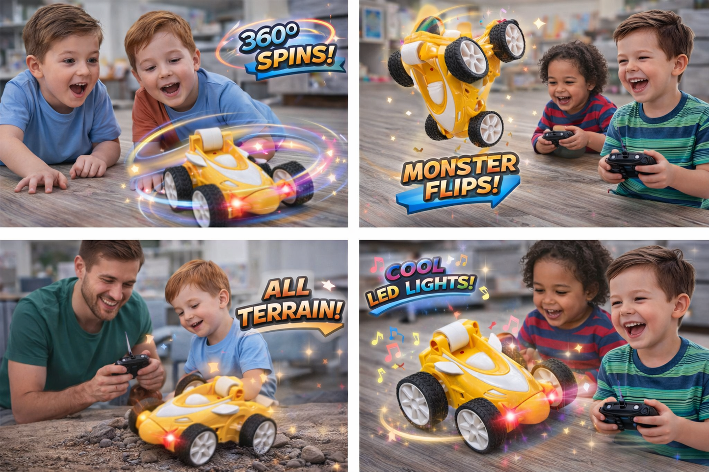 360° Stunt Remote Control Car for Kids – LED Light RC Car with All-Terrain Wheels, Double-Sided Flip & Spinning Action – Rechargeable Racing Toy for Boys & Girls (3+ Years)