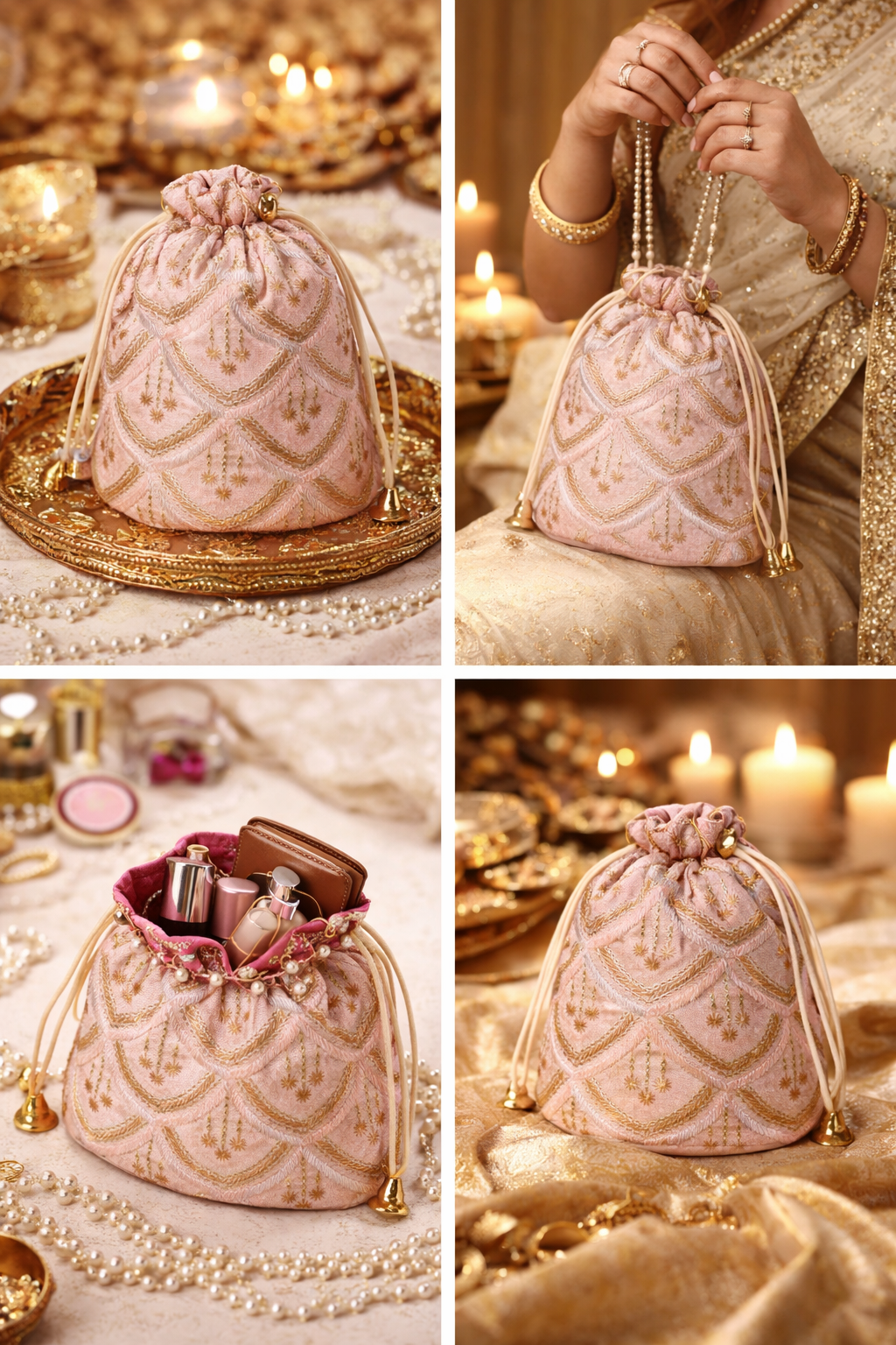 Blush Pink Potli Bag for Women, Embroidered Drawstring Clutch with Pearl Beads, Gold and Silver Sequin Work