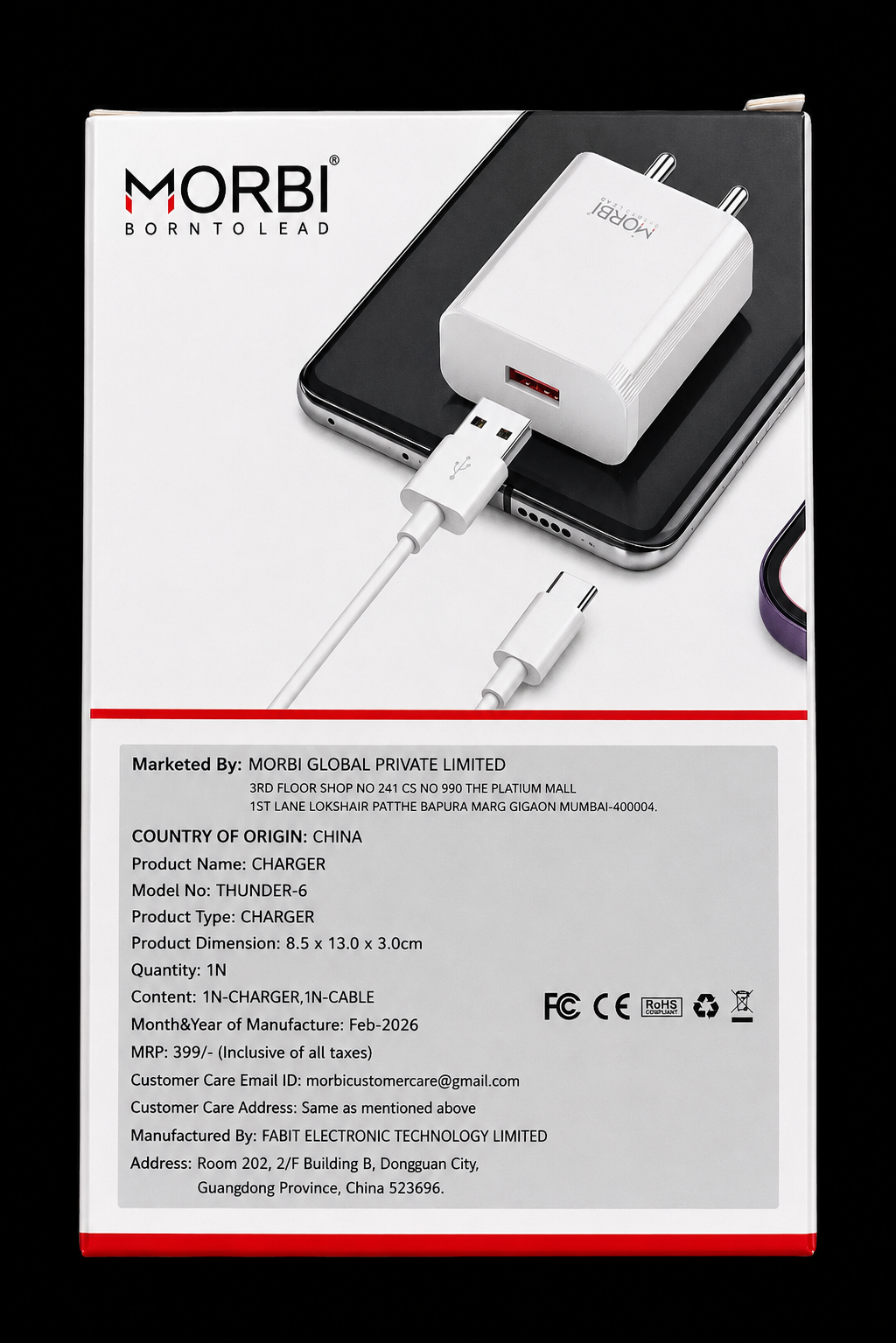 MORBI Thunder-6 15W Single USB Charger with Cable, Fast Charging USB-A Wall Charger Adapter, 2.1A Output, Smart IC, Multi Protection, Compact Travel Charger for Smartphones, Tablets, Power Banks & USB Devices