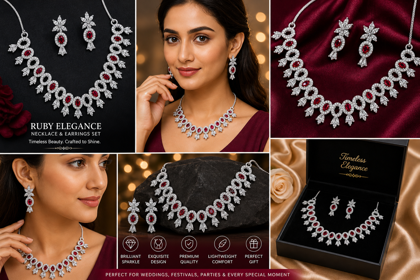 Ruby Elegance Necklace Earrings Set for Women, Cubic Zirconia Jewelry Set, Rhodium Plated Red Stone Necklace Set, Bridal Wedding Party Jewelry for Girls & Women