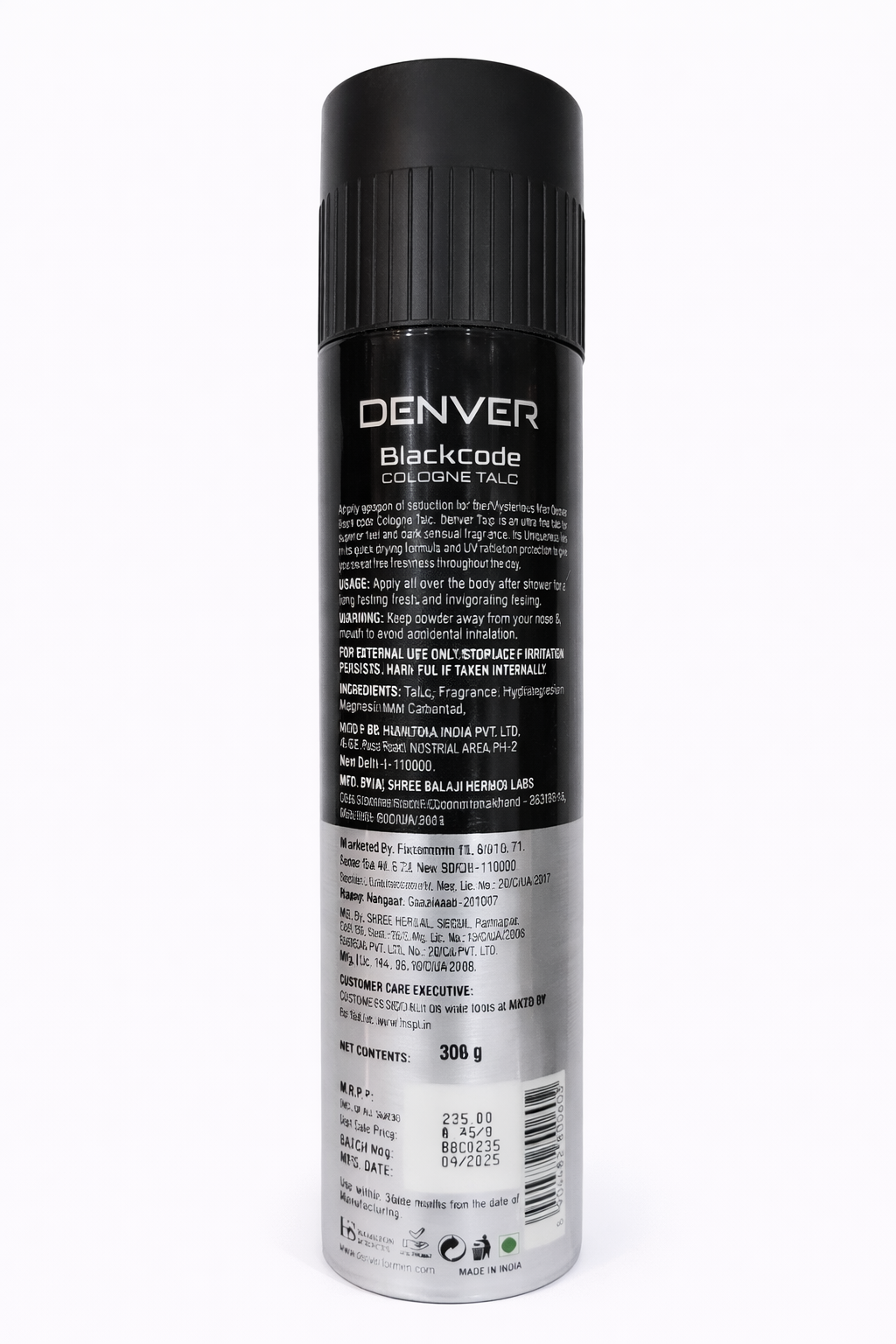 Denver Black Code Cologne Talc for Men 300g | Long Lasting Deodorizing Talcum Powder