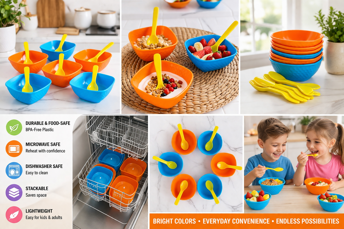12-Piece Kitchen Serving Bowl Set with Spoons – BPA-Free Plastic Snack & Dessert Bowls, Stackable Space-Saving Design, Microwave & Dishwasher Safe, Multicolor (Orange & Blue)