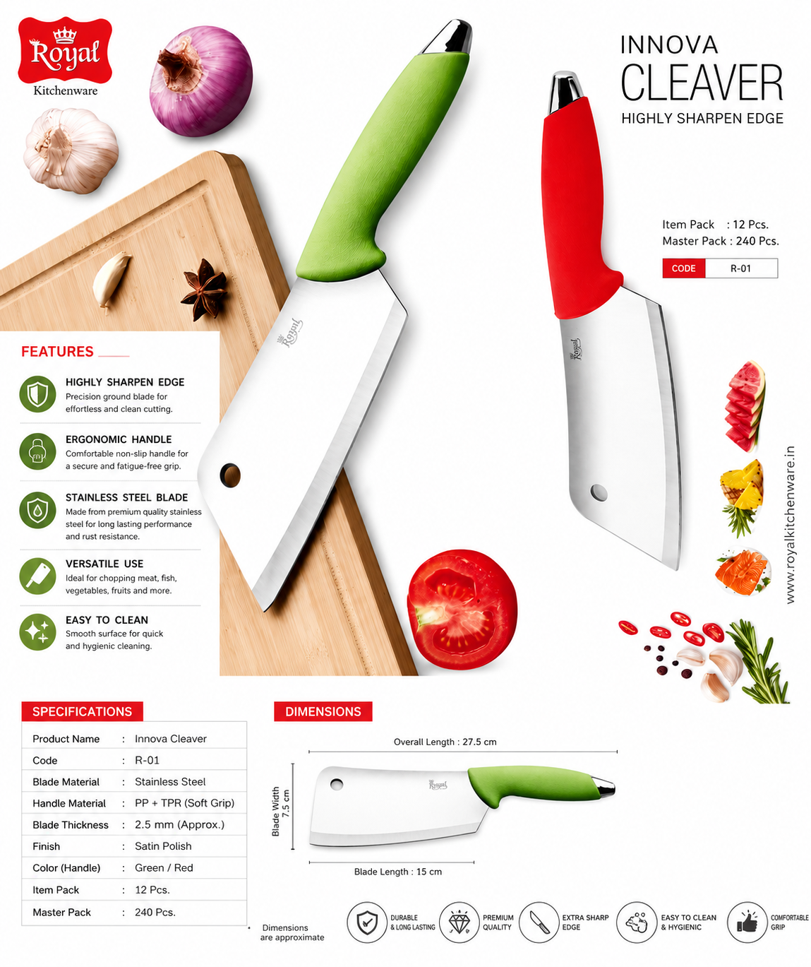 Royal Innova Cleaver Knife | Stainless Steel Meat Cleaver with Soft Grip Handle | Sharp Kitchen Chopper for Meat, Fish, Vegetables & Fruits | Multipurpose Kitchen Cleaver R-01
