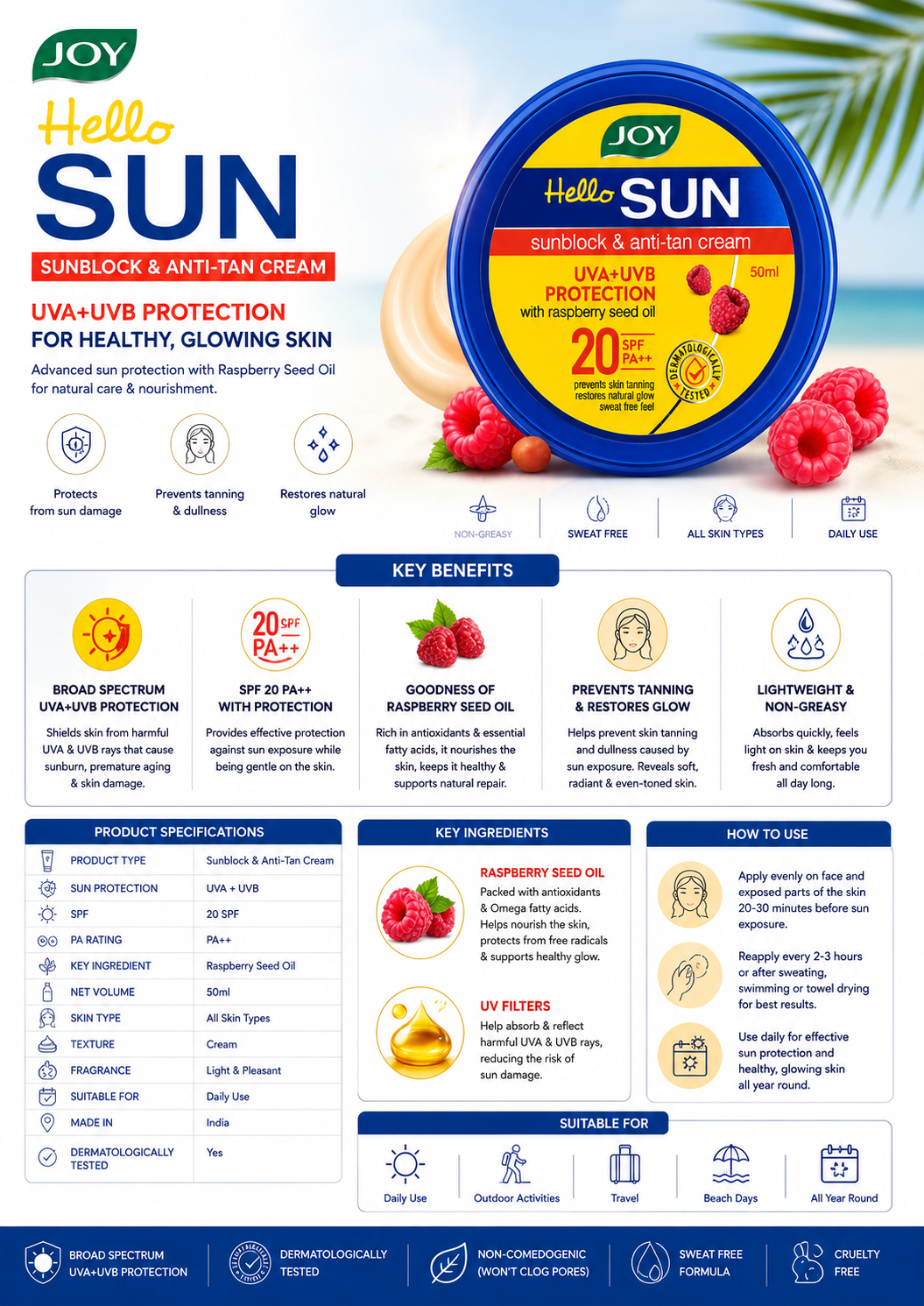 Joy Hello Sun Sunblock & Anti-Tan Cream SPF 20 PA++ with Raspberry Seed Oil | UVA & UVB Protection | Lightweight Non-Greasy Formula | Daily Sun Protection Cream | All Skin Types | 50 ml