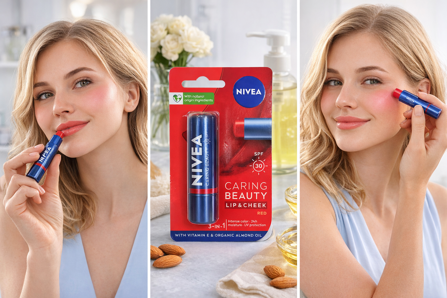 NIVEA Caring Beauty Lip & Cheek Balm SPF 30 ā 3-in-1 Color Balm for Lips & Cheeks | 24H Moisture with Vitamin E & Almond Oil | Hydrating Tinted Lip Balm