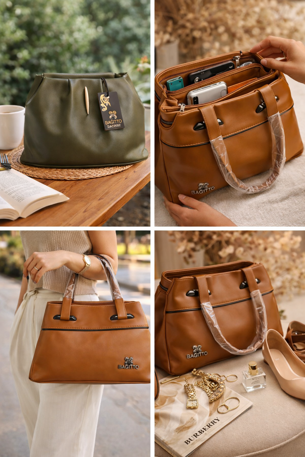 BAGITTO Women's Brown Handbag, Premium PU Leather Tote Purse with Zipper Pocket and Metal Logo