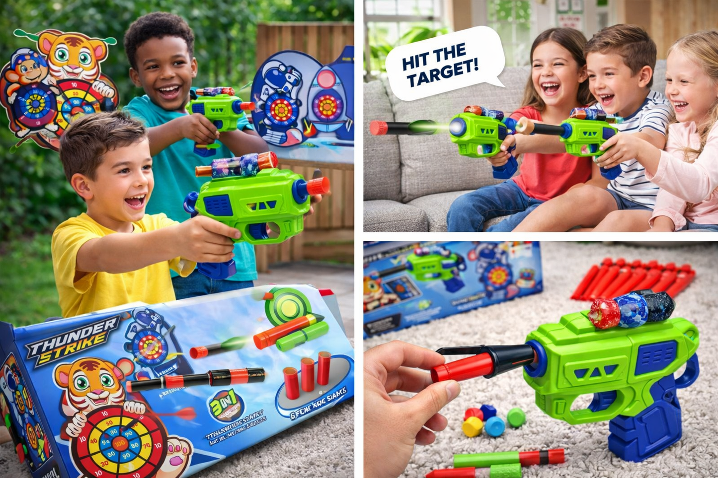 Toy Gun Target Shooting Set for Kids | Thunder Strike Blaster with Foam Darts & Velcro Balls | Pull-Back Action Gun with Targets | Safe Shooting Game Toy (3+ Years)