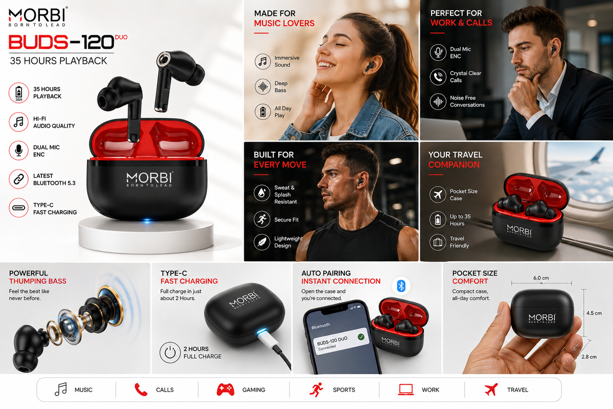 Morbi BUDS-120 DUO True Wireless Earbuds, Bluetooth 5.3, Up to 35 Hours Playback, Hi-Fi Audio, Powerful Bass, Dual Mic ENC, Touch Control, Type-C Fast Charging, IPX4 Sweat & Splash Resistant