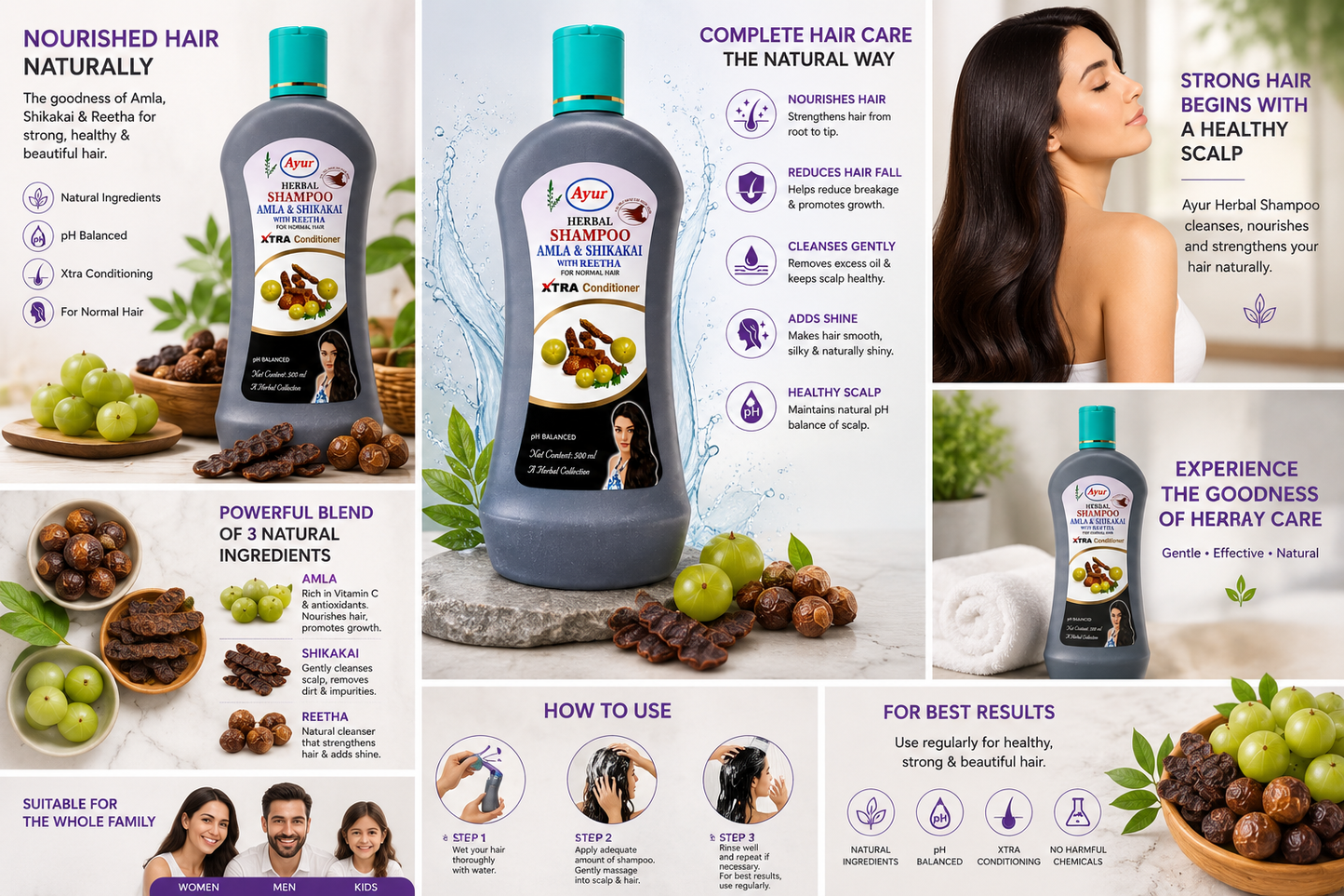 Ayur Herbal Shampoo, Amla Shikakai Reetha Shampoo, herbal shampoo, Ayurvedic shampoo, natural shampoo, shampoo for normal hair, herbal hair cleanser, conditioning shampoo