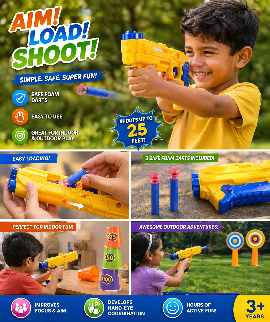 Foam Dart Toy Gun for Kids, Safe Soft Bullet Blaster with Easy Load Mechanism, Long Range Shooting up to 25 Feet, Lightweight Grip Toy Gun with Foam Darts (3+ Years)
