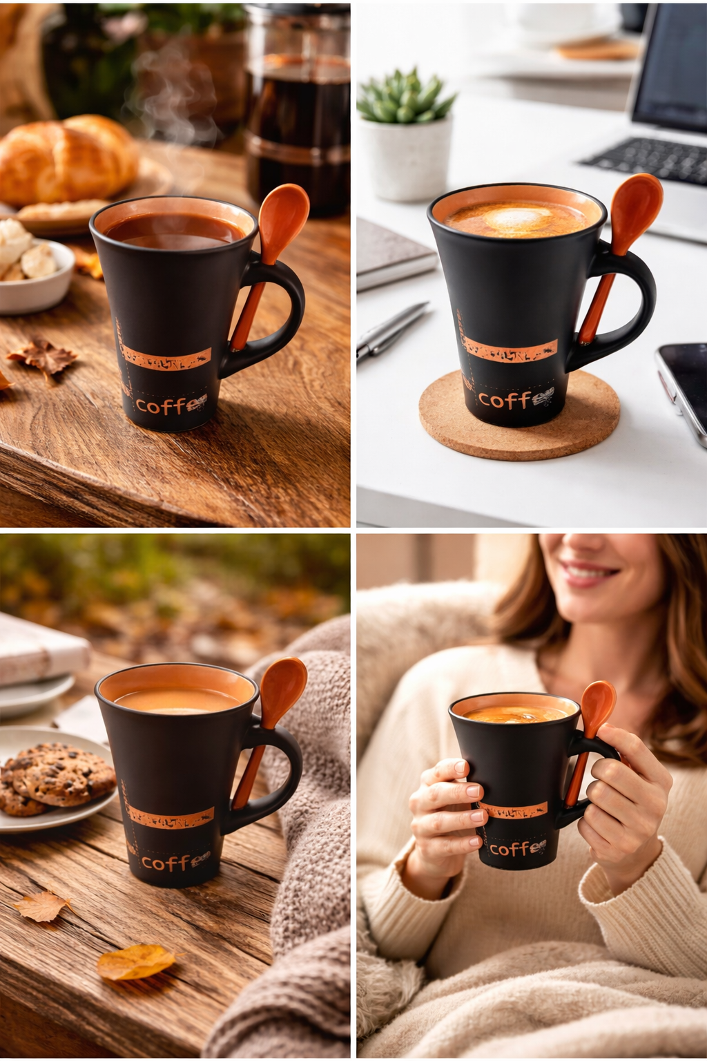 Ceramic Coffee Mug with Spoon | Matte Black Coffee Cup with Burnt Orange Interior