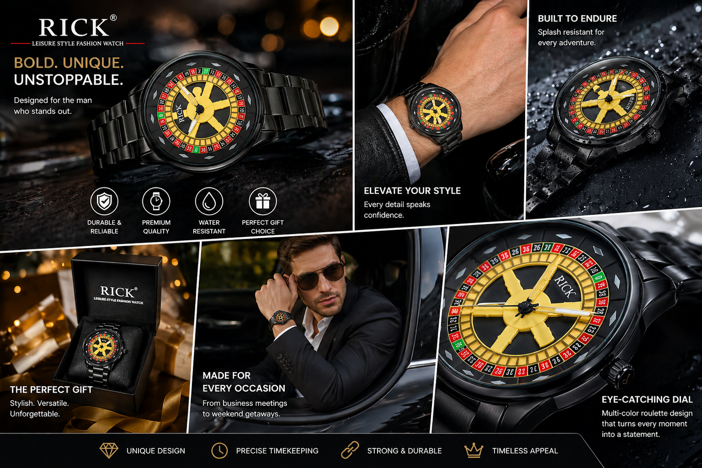 RICK Men’s Fashion Analog Watch with Unique Roulette Multi-Color Dial | Stainless Steel Strap | Quartz Movement