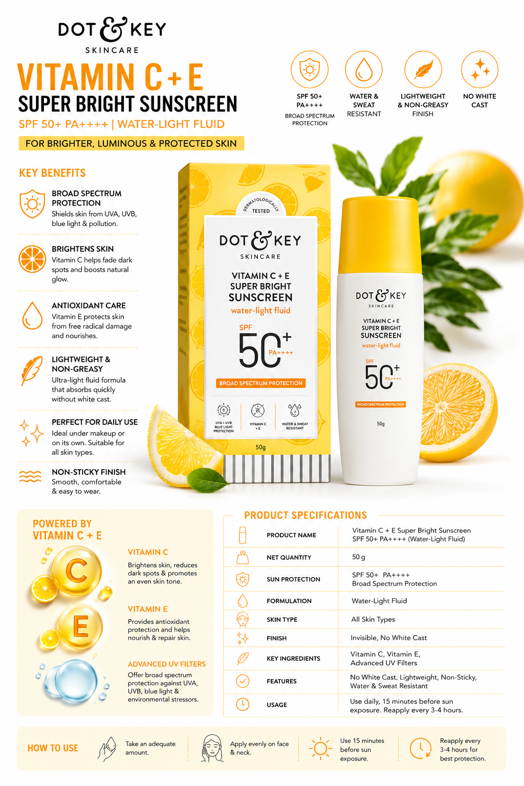 Dot & Key Vitamin C + E Super Bright Sunscreen SPF 50+ PA++++ | Water-Light Fluid Sunscreen | Broad Spectrum UVA/UVB Protection | No White Cast | Lightweight & Non-Sticky | 50g