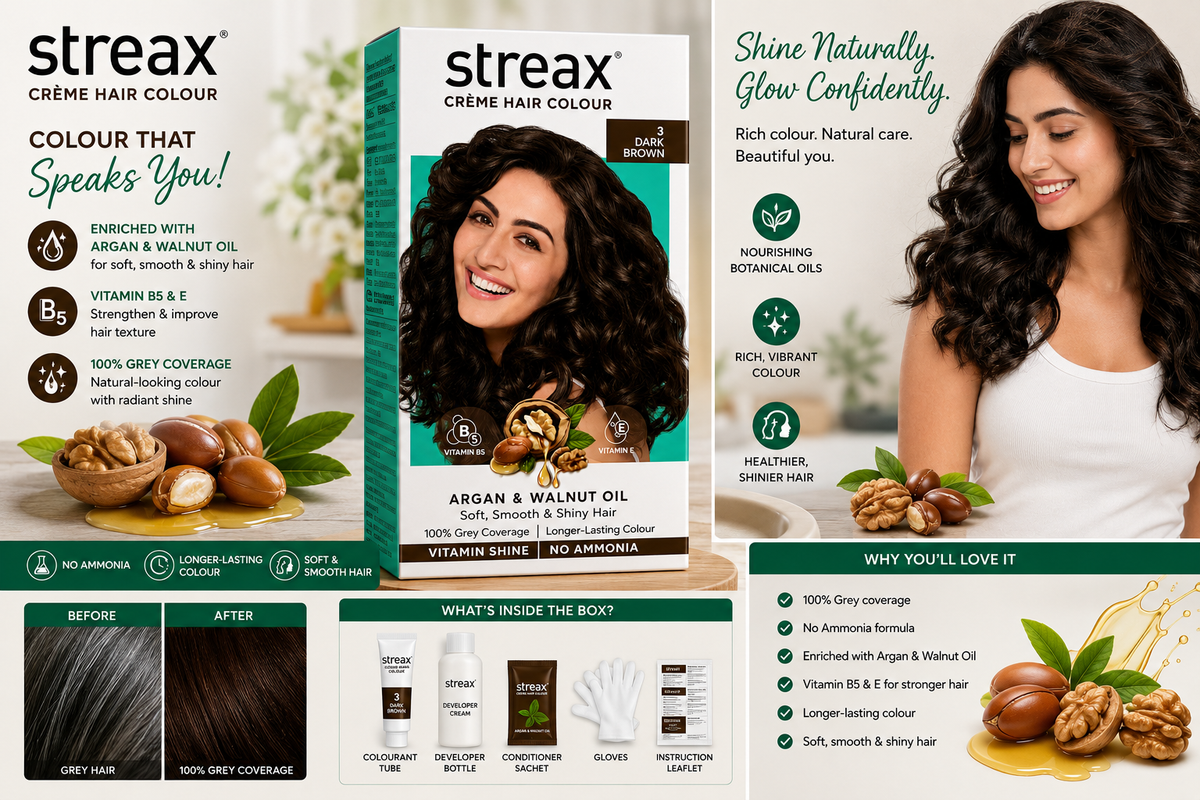 Streax Crème Hair Colour, Shade 3 Dark Brown, 100% Grey Coverage, Enriched with Argan & Walnut Oil, Vitamin B5 & E, Ammonia Free, Long-Lasting Colour