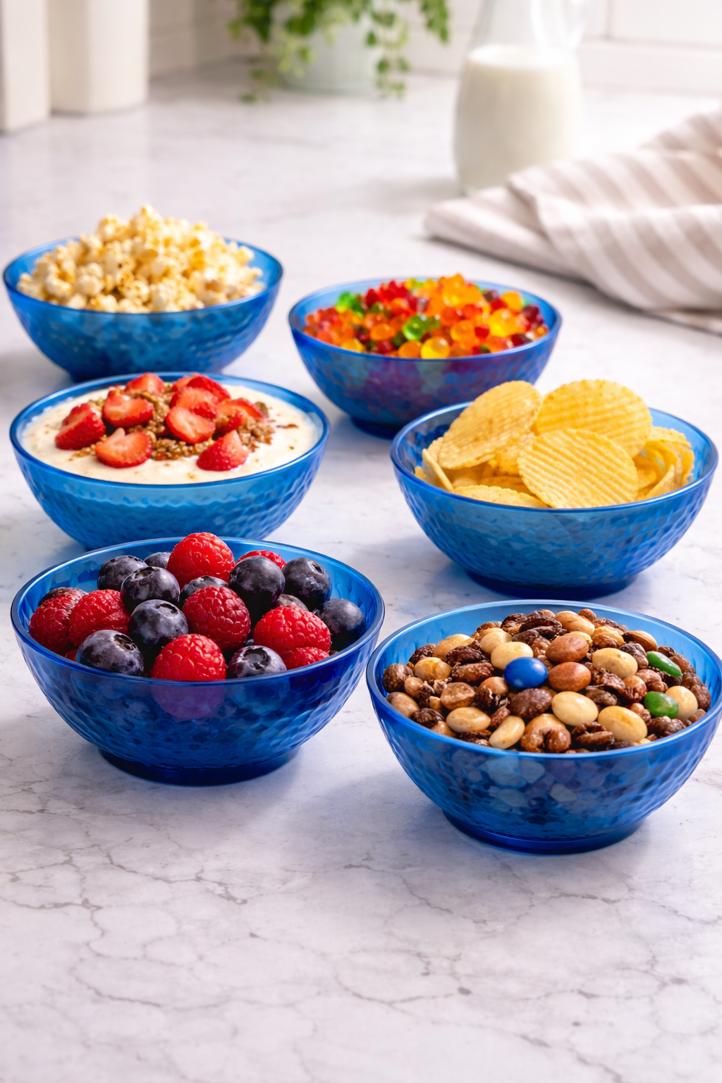 Blue Plastic Bowl Set (6-Piece) ā Translucent Snack & Serving Bowls, Stackable Lightweight Design, Textured Grip Surface