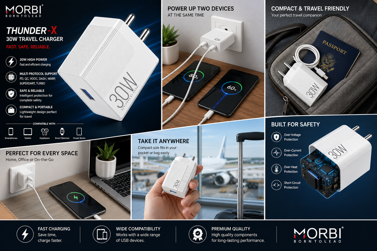 MORBI Thunder-X 30W Fast Travel Charger, USB-A Wall Charger with PD QC VOOC DASH WARP SuperDart & Turbo Charging Support, Intelligent Safety Protection, Compact Portable Charger Adapter for Smartphone, Tablet, Earbuds, Smartwatch & Power Bank