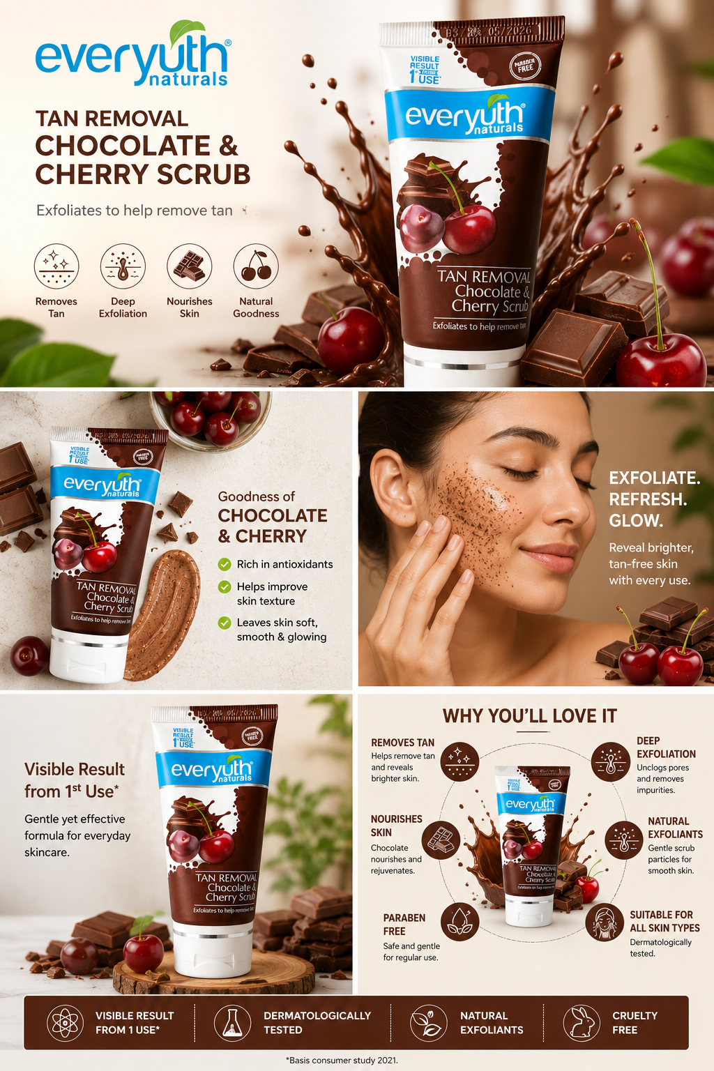 Everyuth Naturals Tan Removal Chocolate & Cherry Scrub, Deep Exfoliating Face & Body Scrub with Walnut Granules & Cherry Extracts, Paraben Free, All Skin Types, 50g