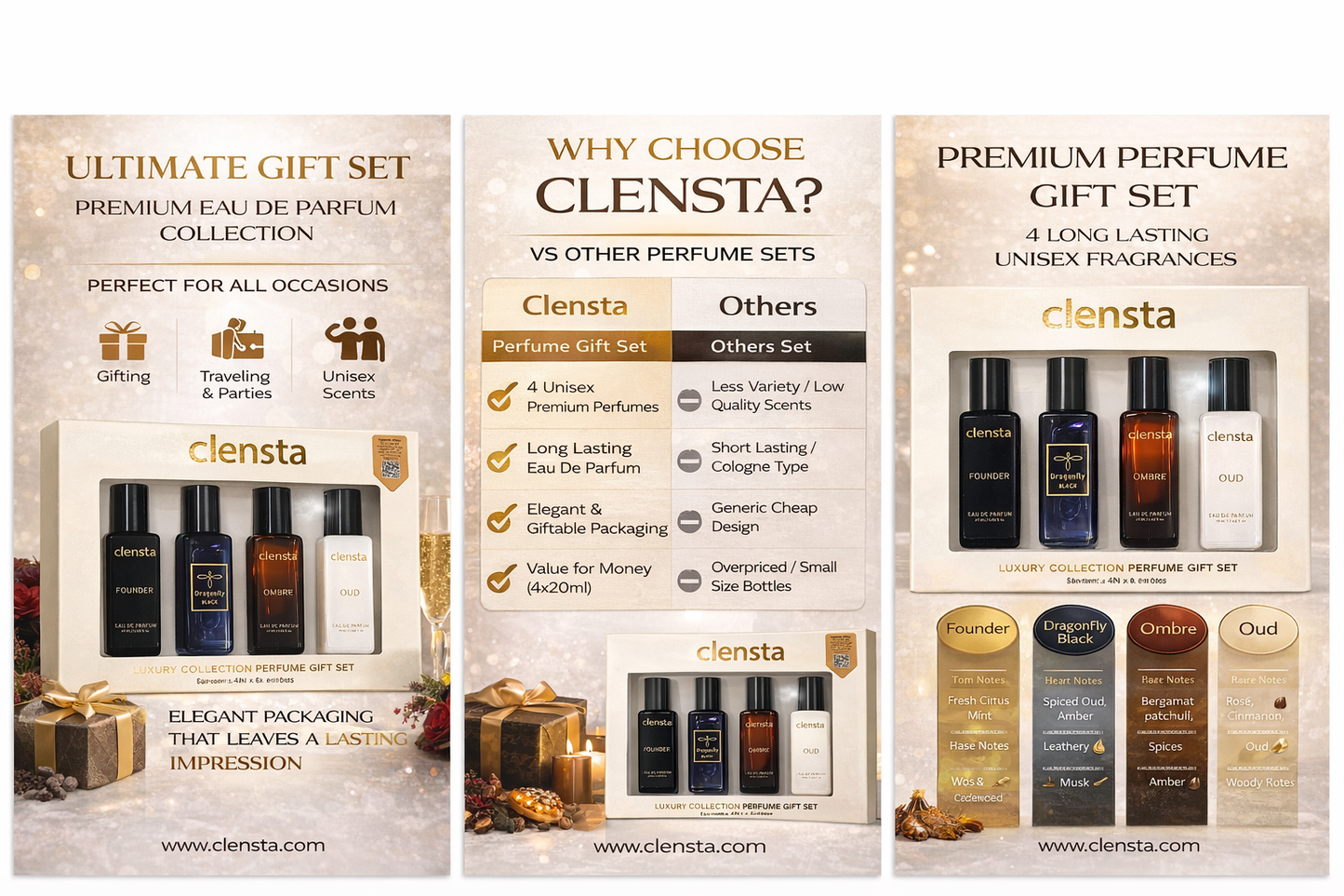 Clensta Luxury Perfume Gift Set for Men & Women ā 4 x 20ml Eau De Parfum Miniatures (Founder, Dragonfly Black, Ombre, Oud) | Long Lasting Travel Size Fragrance Set