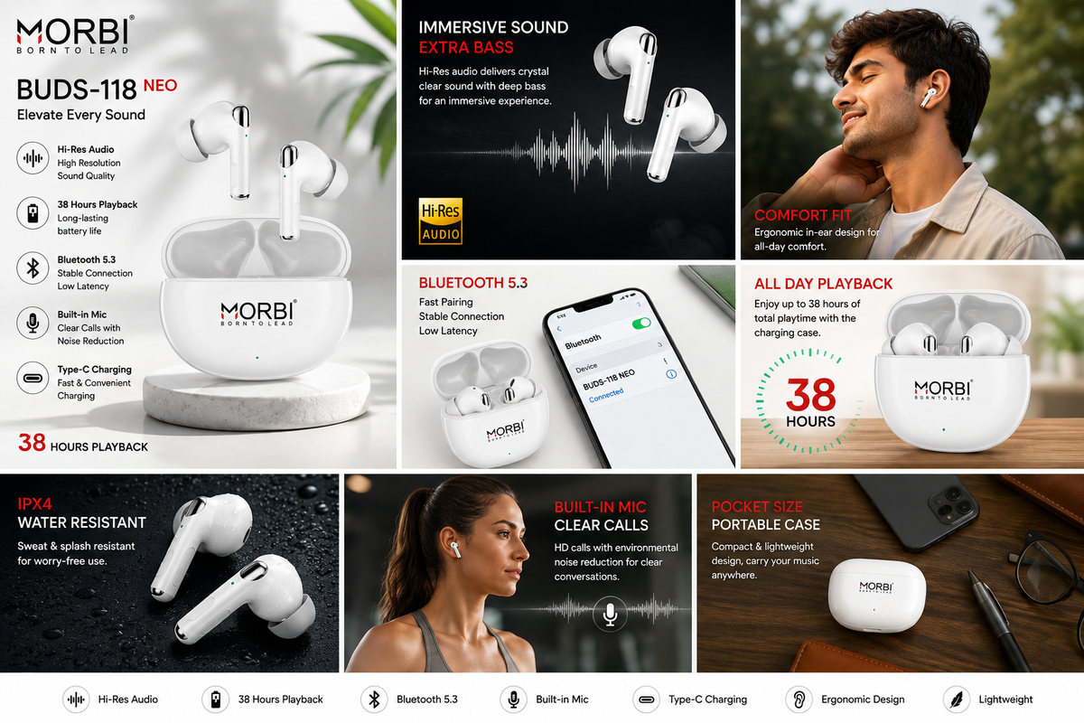 MORBI BUDS-118 NEO True Wireless Earbuds, 38 Hours Playback, Bluetooth 5.3, Hi-Res Audio, Built-in Mic, Touch Control, Auto Pairing, Type-C Fast Charging, Lightweight & Comfortable, White