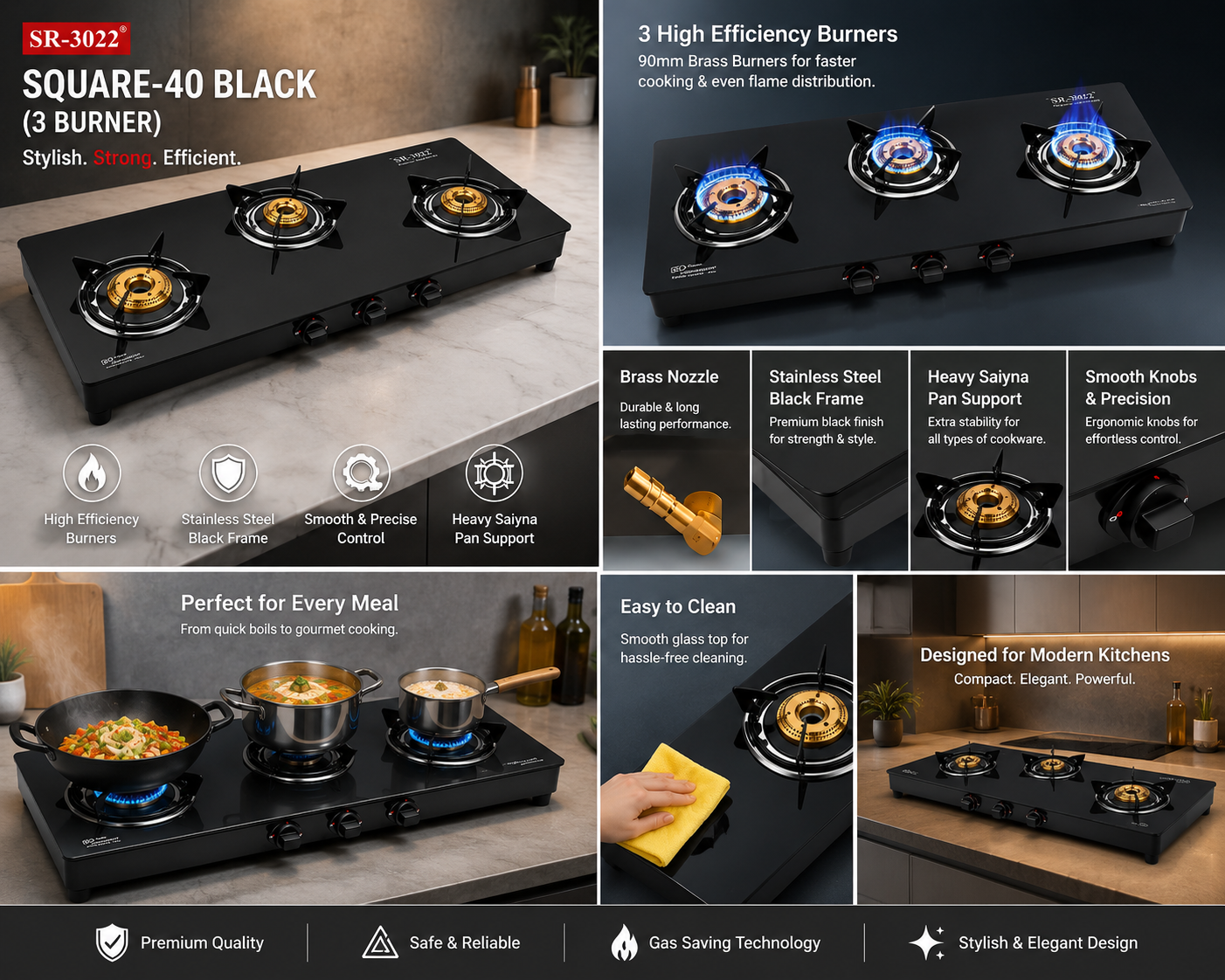 SR-3022 Square-40 Black 3 Burner Gas Stove | Toughened Glass Top | 90mm Brass Burners | Heavy Duty Pan Support | Manual Ignition LPG Gas Stove | Black