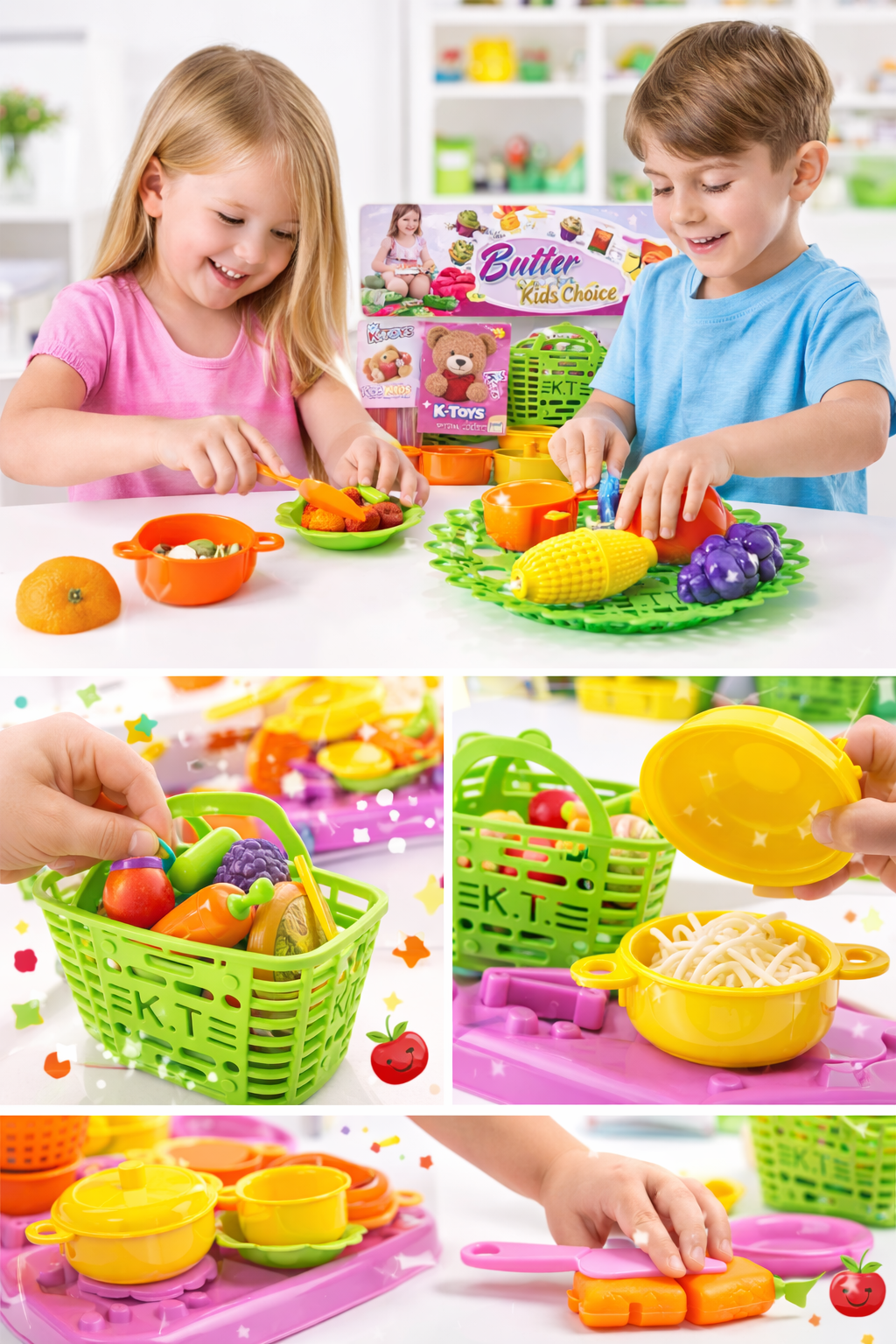 Kids Kitchen Toy Set with Shopping Basket, 17-Piece Pretend Play Cooking Set with Pots, Plates & Utensils, Colorful Kitchen Playset for Boys & Girls (3+ Years)