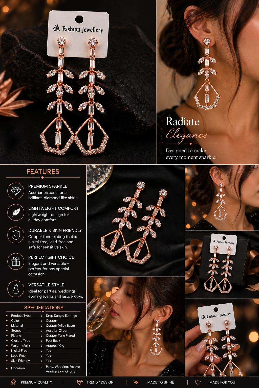 Harmal Store Elegant Drop Dangle Earrings for Women – Silver Tone Party Wear Earrings with High-Quality Austrian Zircons and Skin-Friendly Alloy