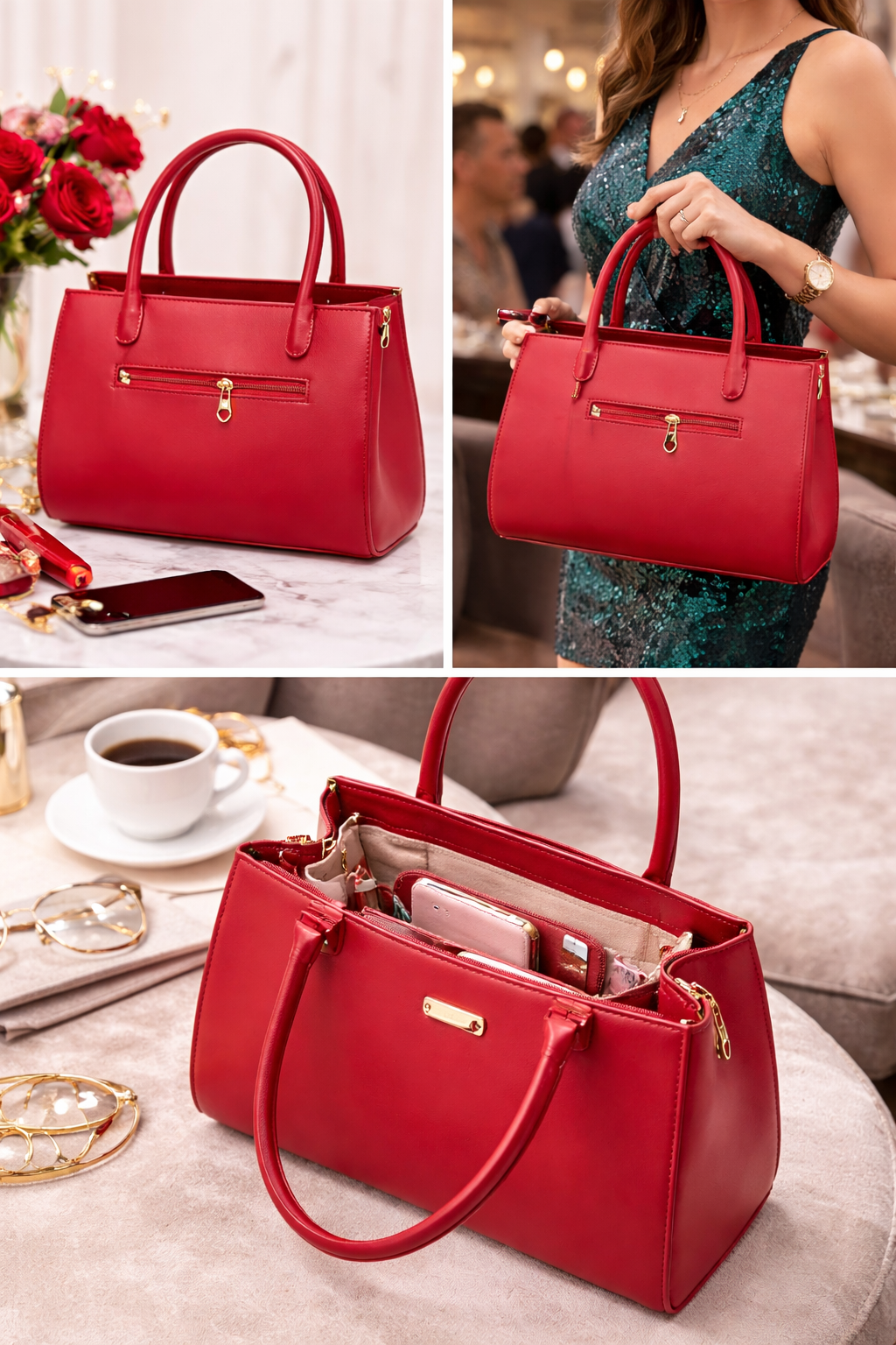 Luxury Red Faux Leather Handbag for Women | Premium Structured Tote Bag with Gold Tone Hardware