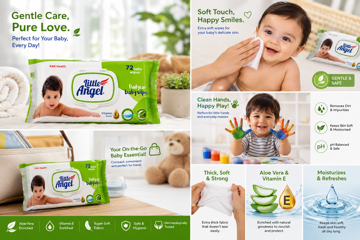Little Angel Dailycare Baby Wipes with Aloe Vera & Vitamin E | Soft & Thick Baby Wipes | Alcohol Free & Paraben Free | pH Balanced | Gentle Care for Baby Skin | 72 Wipes