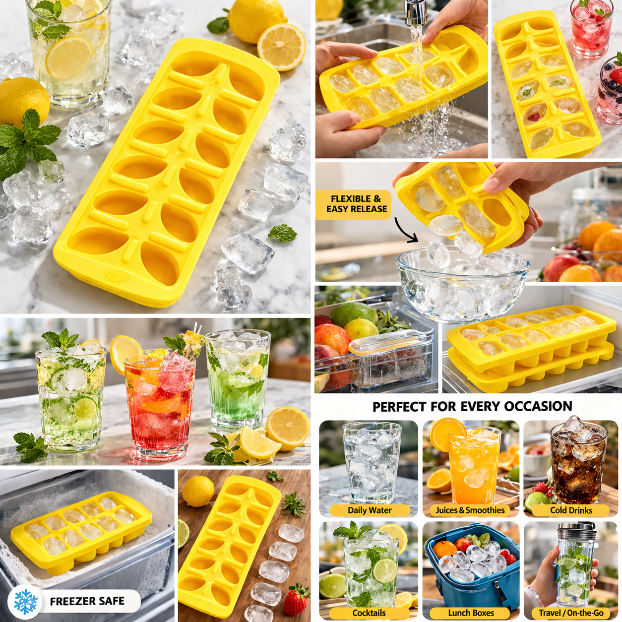 12 Cavity Ice Cube Tray | BPA-Free Plastic Ice Tray with Oval Moulds | Easy Release Flexible Ice Maker | Leakproof & Dishwasher Safe | Freezer Ice Tray for Home Kitchen